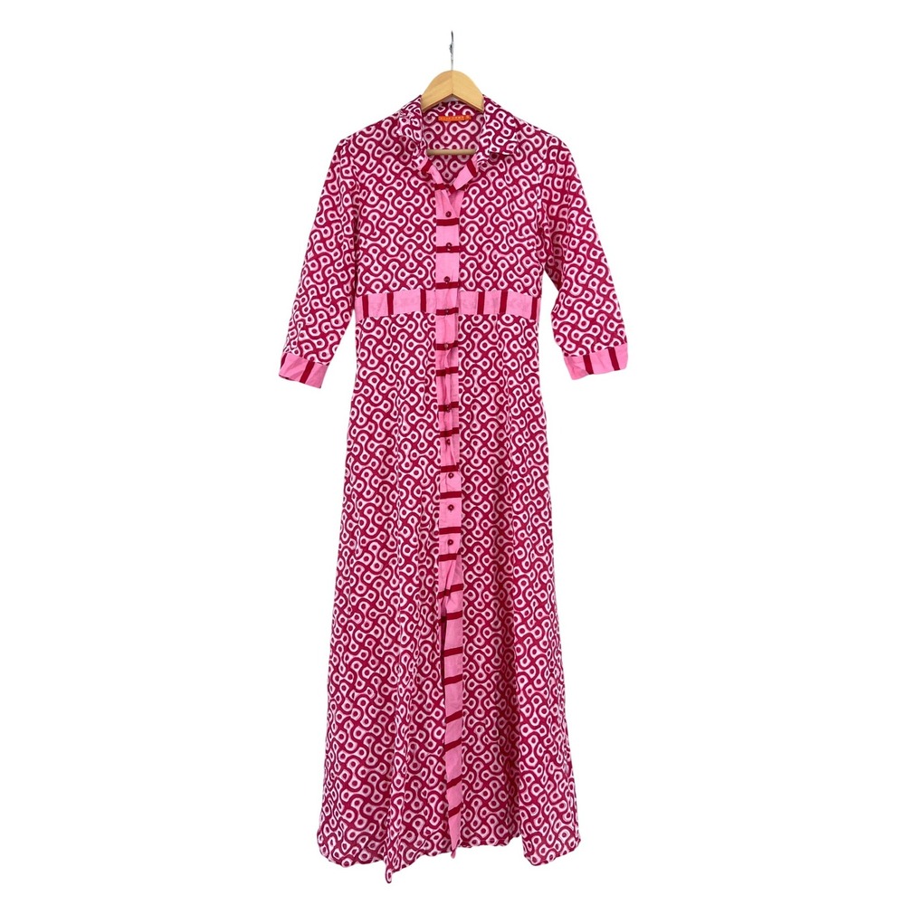 Oliphant Pink Geometric Print Cotton Button Down Maxi Shirtdress‎ Womens Small